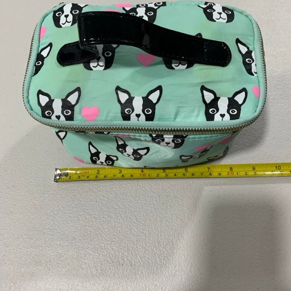 Forever 21 Boston Terrier Dog Mint Green Makeup Bag Cosmetic Case Pink Hearts